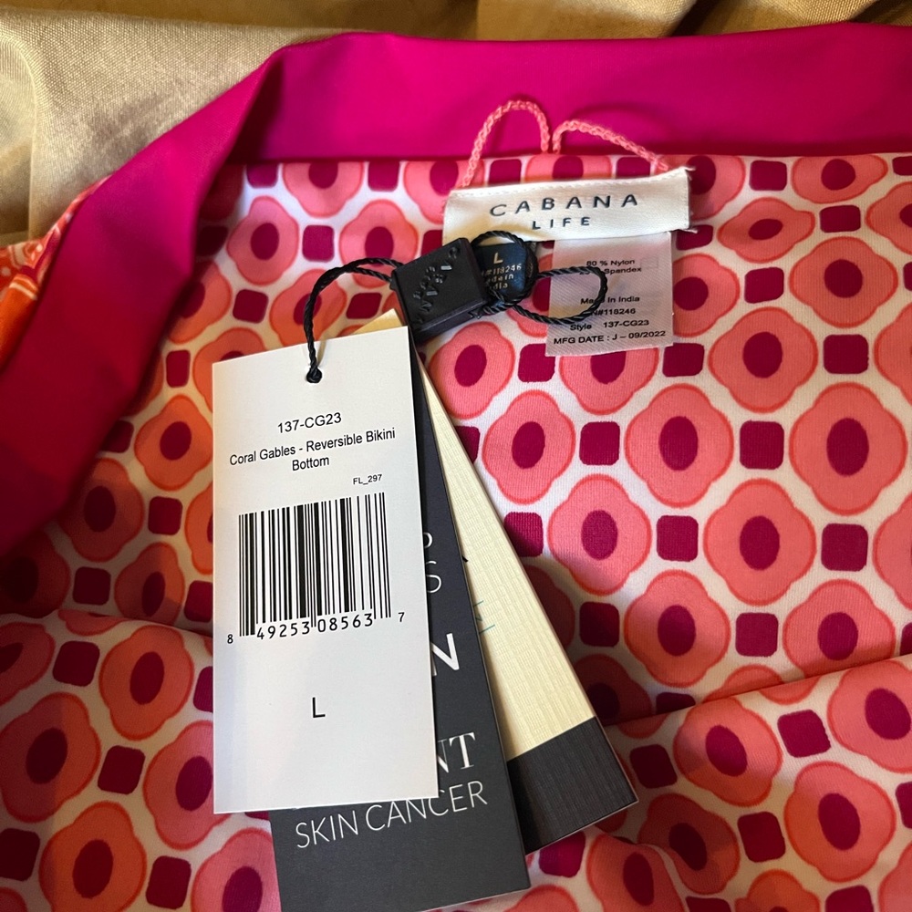 CABANA LIFE Pink Coral Reversible Bikini Swim Bottom Large SPF 50+ New full